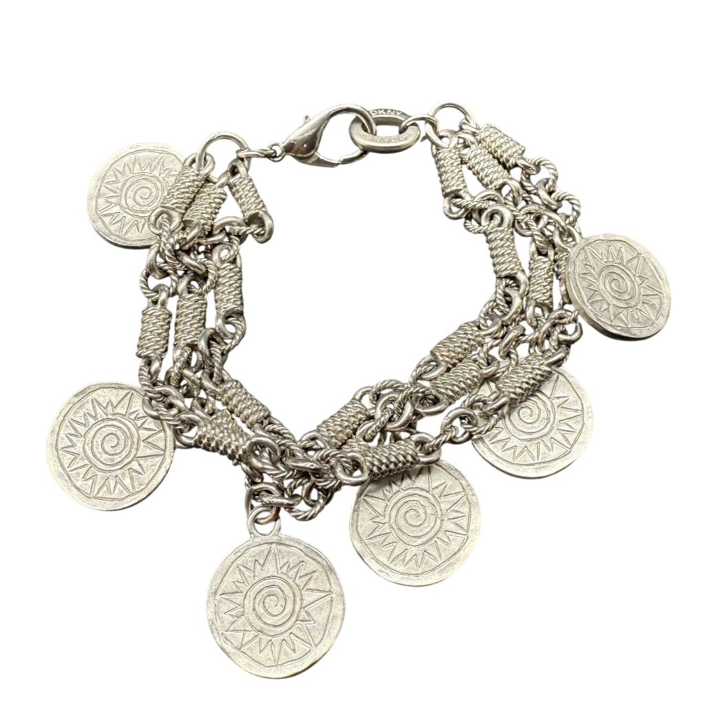 Dkny Donna Karan Engraved Sun Charm Chain Bangle Bracelet Silver Tone